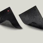 Black leather and grey wool swatches.