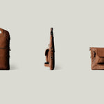 Three brown leather bags shown from different angles on a light gray background