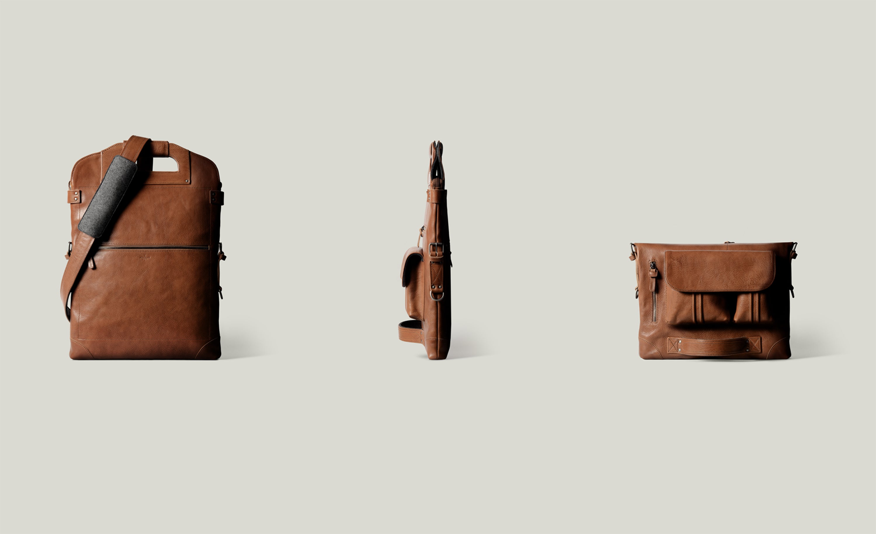 Three brown leather bags shown from different angles on a light gray background
