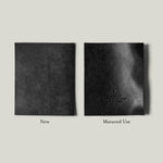 Two black leather pieces labeled 'New' and 'Matured Use' on a light gray background.