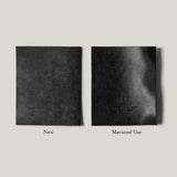 Two black leather pieces labeled 'New' and 'Matured Use' on a light gray background.