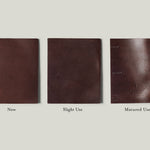 Three stages of brown leather wear on a plain background