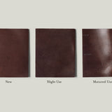 Three stages of brown leather wear on a plain background