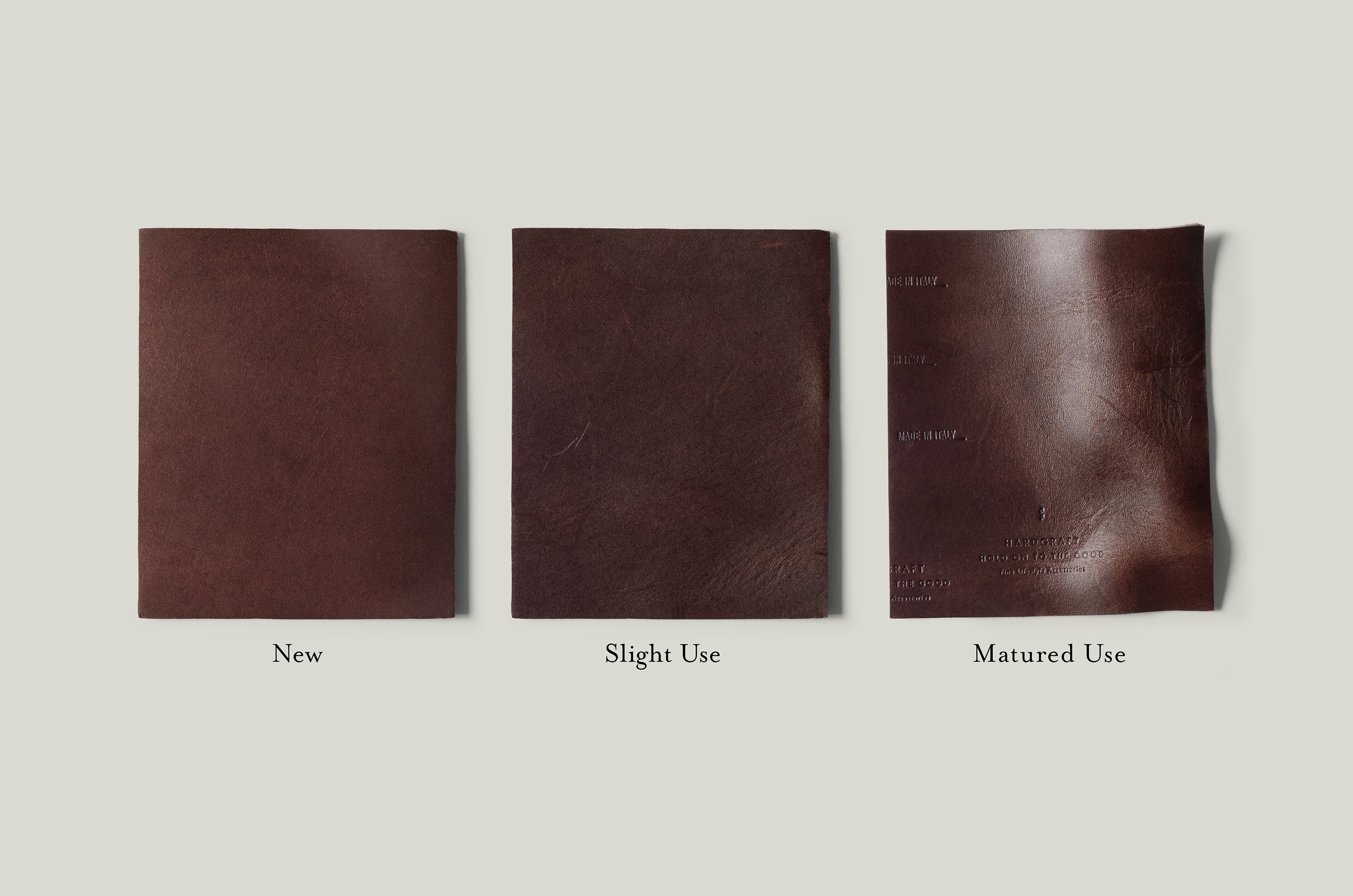 Three stages of brown leather wear on a plain background