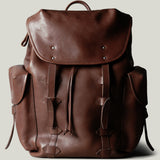 Brown leather backpack on a light gray background
