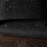 Open flap of black bag on a wooden surface