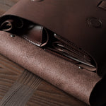 Close-up of a brown leather bag on a wooden surface