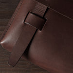 Close-up of a brown leather bag with a leather strap on a wooden surface