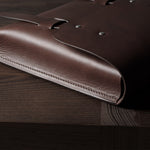 Brown leather bag on a wooden surface