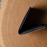 bi-fold wallet on a wooden surface