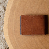 Brown leather bi-fold wallet  on a wooden surface