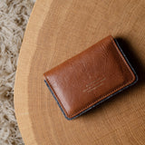 Brown leather wallet on a wooden surface