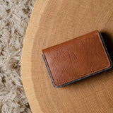 Brown leather wallet on a wooden surface with a textured rug in the background