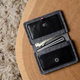 Open black felt wallet with coins and cards on a wooden surface