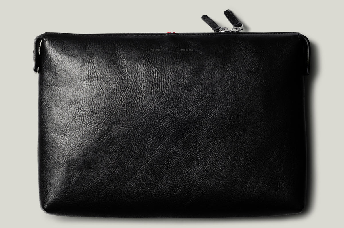 Black leather pouch with a zipper on a light gray background