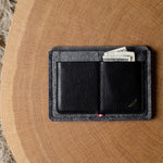Black wallet with money on a wooden surface