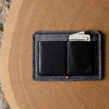 Black wallet with money on a wooden surface