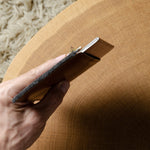 Hand holding a small leather-bound book on a wooden surface with a textured background