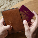 Brown leather passport wallet with a passport held open on a wooden surface.