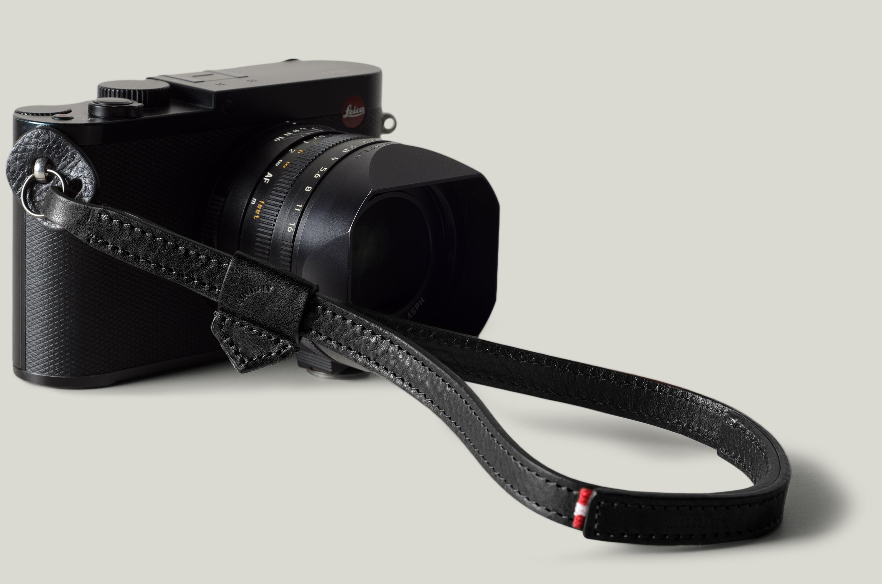 Black leather camera wrist strap