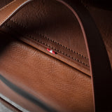 Close-up of a brown leather bag with visible stitching