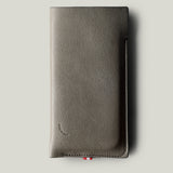 Gray leather phone case on a light gray background