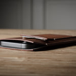 Brown leather  iphone case with a phone inside on a wooden surface