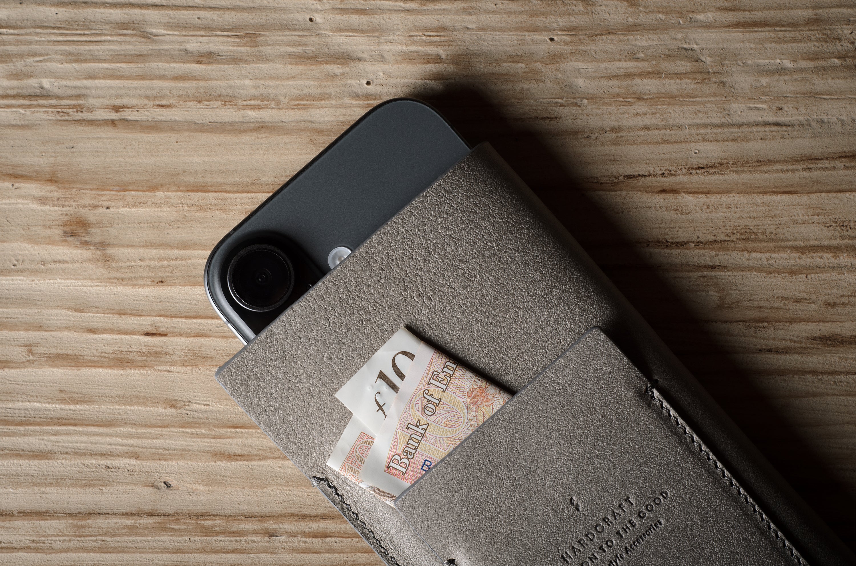 iphone case case with a card pocket on a wooden surface