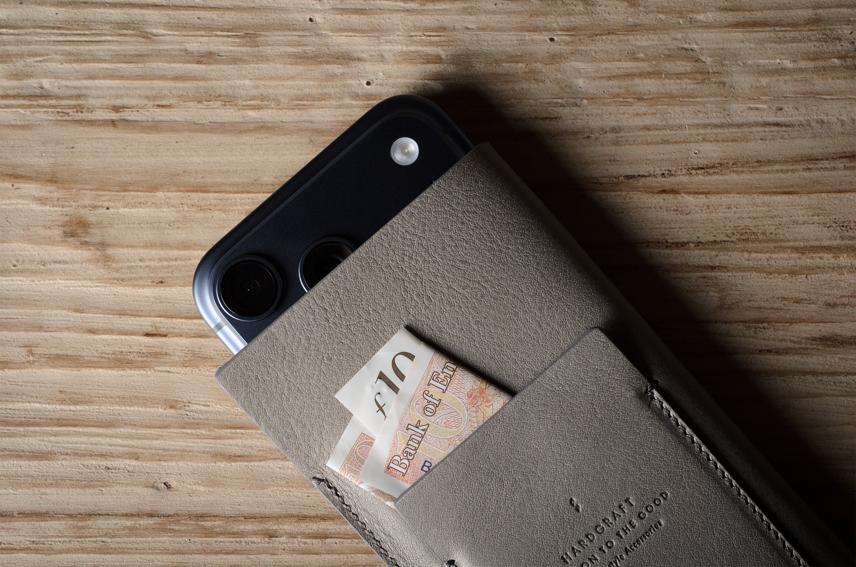 iphone case case with a card pocket on a wooden surface