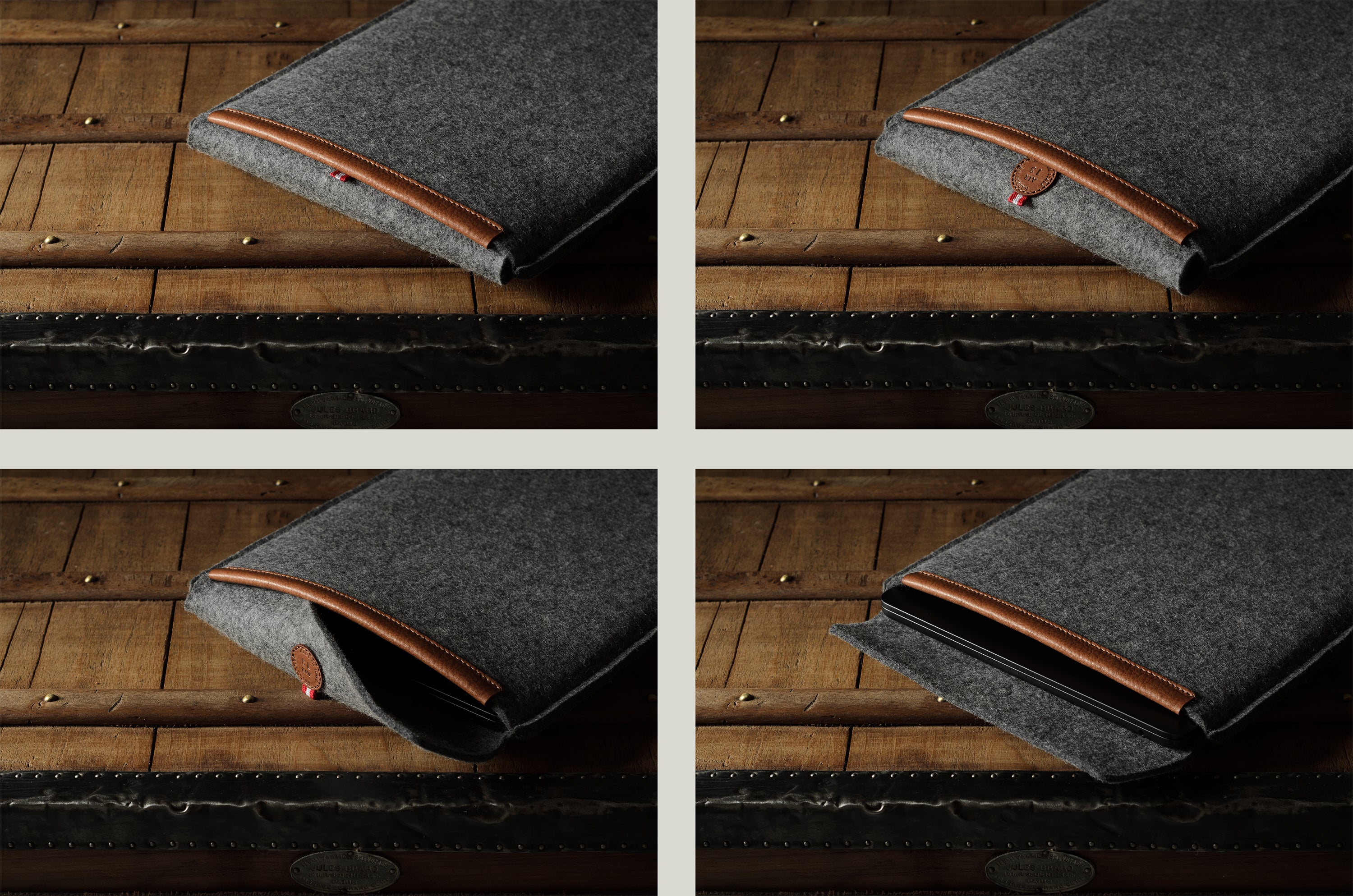 Gray wool felt laptop sleeve with brown leather on a wooden surface