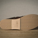 Close-up of a shoe sole with tread pattern on a wooden floor.