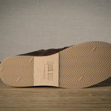 Close-up of a shoe sole with tread pattern on a wooden floor.