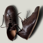 Pair of brown leather shoes on a light gray background