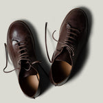 Pair of brown leather shoes on a light gray background
