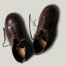 Pair of brown leather shoes on a light gray background