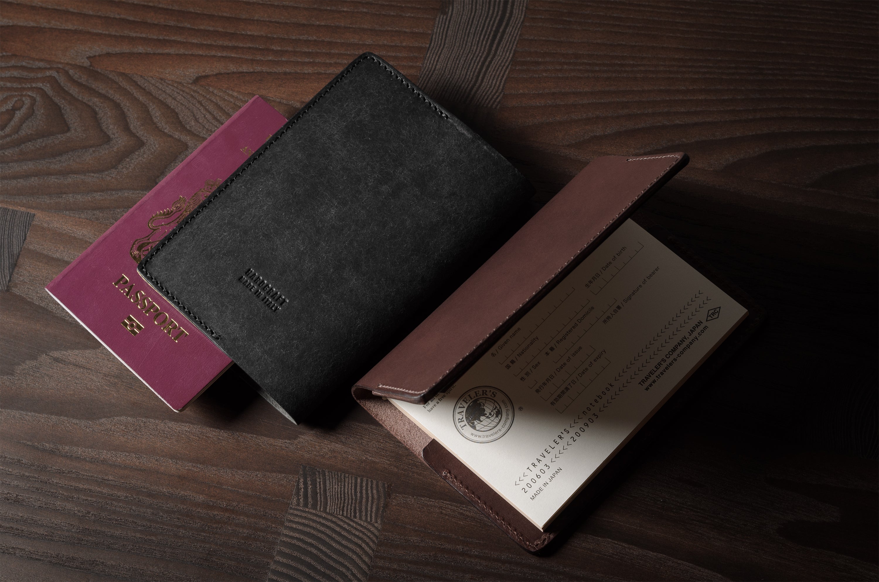 Black and brown leather passport wallet with a passport on a wooden surface
