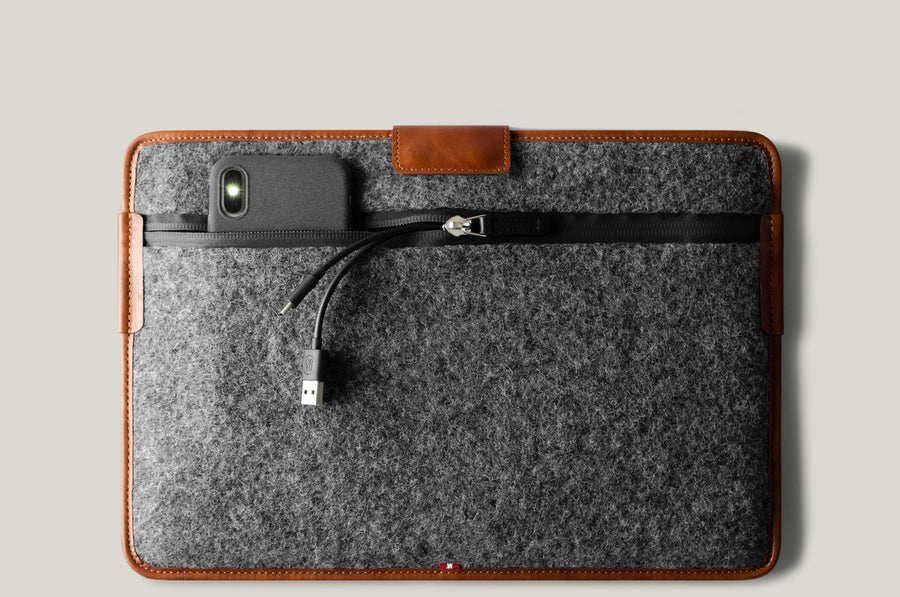 brown leather and wool macbook sleeve